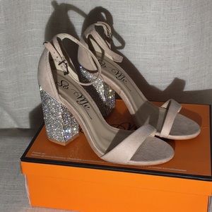 Nude suede sparkle heel platform heels